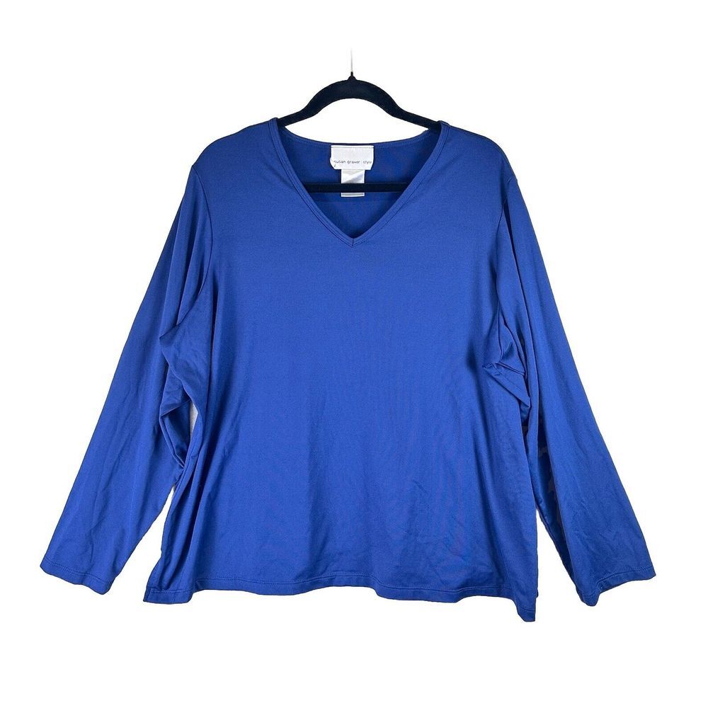 Susan Graver Womens Plus Size 2X Ponte Blue Top Long Sleeve Stretch Shirt V Neck